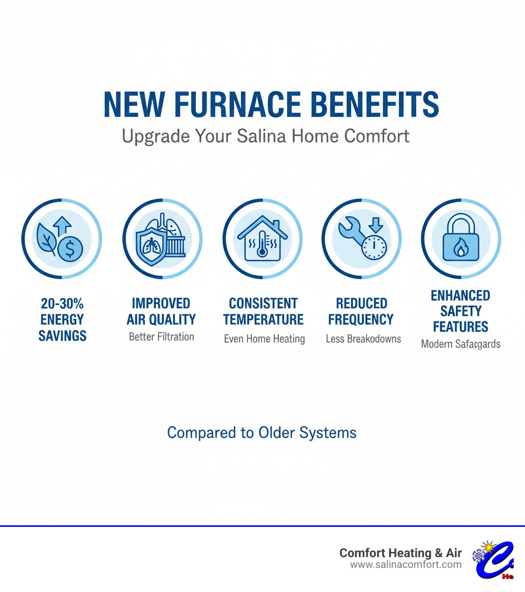 Infographic showing benefits of new furnace installation including 20-30% energy savings, improved indoor air quality with better filtration, consistent temperature control throughout the home, reduced repair frequency, and improved safety features compared to older systems - furnace installation salina ks infographic 