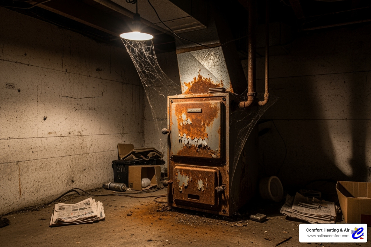 An old, visibly rusted furnace in a dark, dusty basement corner, with cobwebs and signs of neglect - furnace installation salina ks