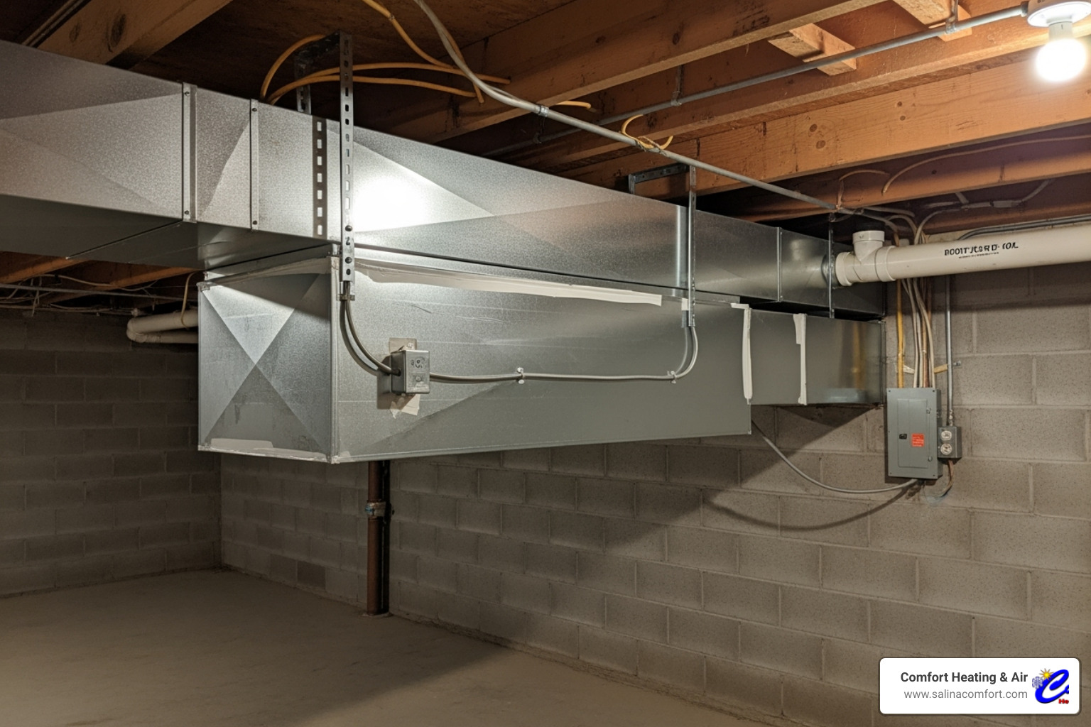 A whole-home air purifier unit professionally installed on an HVAC system duct in a basement - air purifier installation salina ks