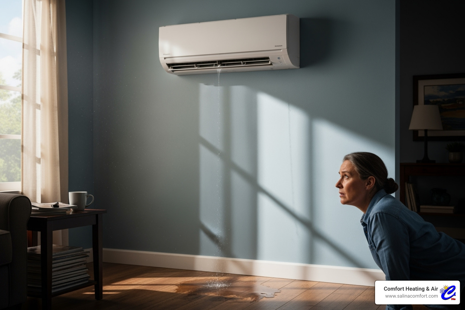 person looking concerned at their ductless AC unit - ductless ac tune up salina ks