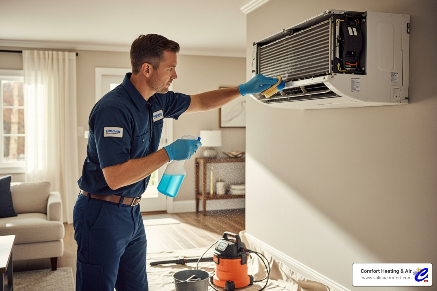 technician professionally cleaning an indoor ductless unit - ductless ac tune up salina ks
