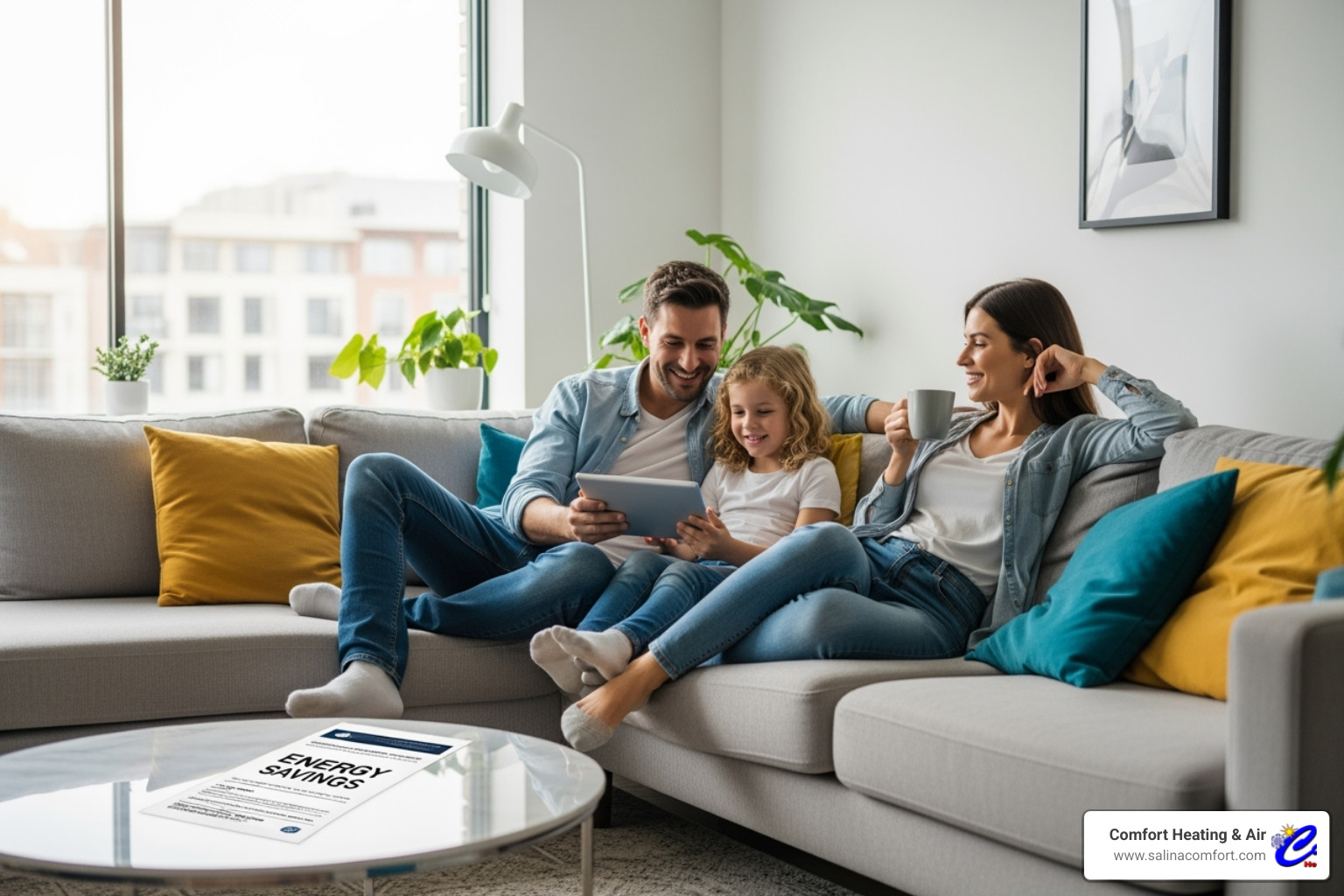 family enjoying their cool home, with an energy bill showing savings - ductless ac tune up salina ks