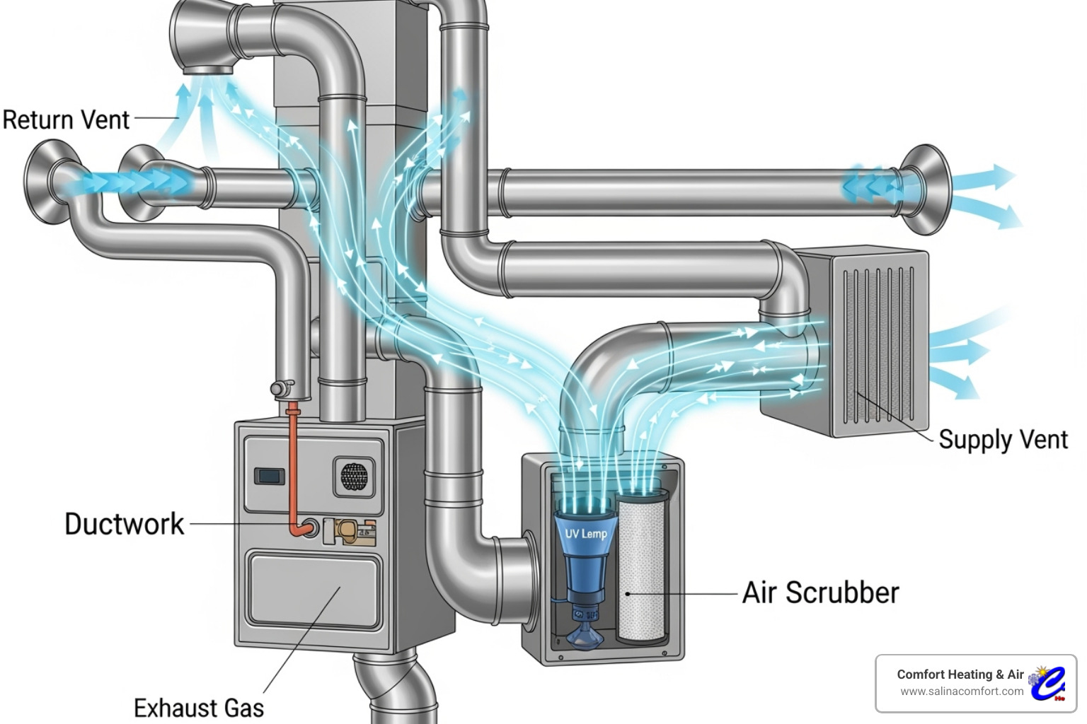A diagram illustrating how an air scrubber actively cleans air and surfaces throughout a home's HVAC system - air purifier installation salina ks