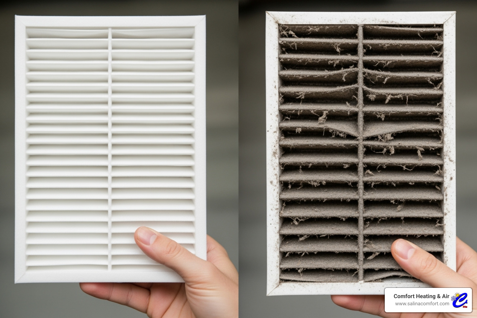 A split image showing a clean HVAC air filter in one hand and a dirty, clogged air filter in the other, highlighting the importance of regular replacement - furnace installation salina ks