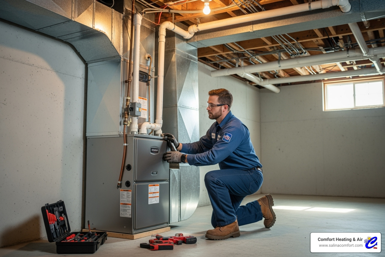 A certified technician in a clean uniform carefully installing a new, modern furnace in a residential basement, ensuring all connections are secure - furnace installation salina ks