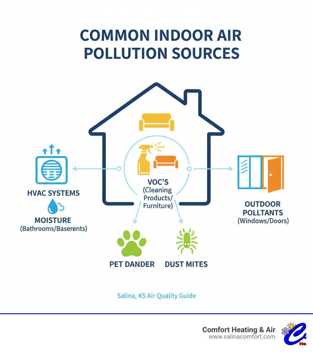 infographic showing common sources of indoor air pollution including HVAC systems, moisture from bathrooms and basements, VOCs from cleaning products and furniture, pet dander, dust mites, and outdoor pollutants entering through windows and doors - air quality testing salina ks infographic 