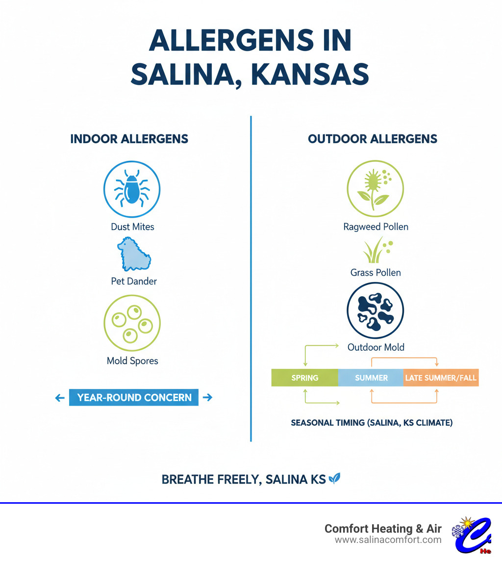 Comprehensive infographic showing indoor allergens like dust mites, pet dander, and mold spores on the left side, and outdoor allergens like ragweed pollen, grass pollen, and outdoor mold on the right side, with seasonal timing indicators for Salina, Kansas climate conditions - allergen control salina ks infographic 