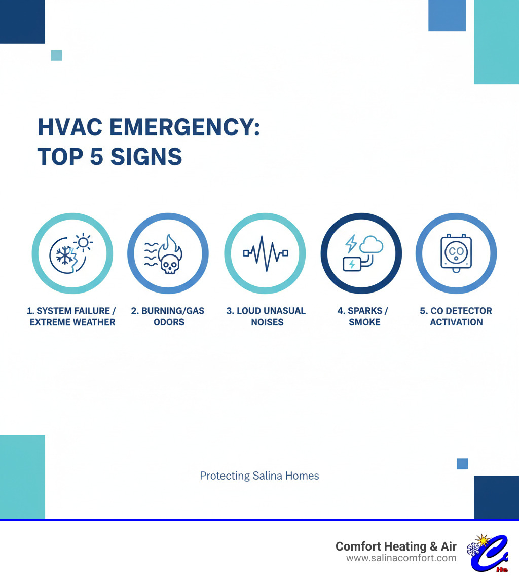 Infographic showing the top 5 signs of an HVAC emergency: complete system failure during extreme weather, strange burning or gas odors, loud unusual noises from equipment, visible sparks or smoke from HVAC components, and carbon monoxide detector activation - emergency hvac maintenance salina ks infographic 