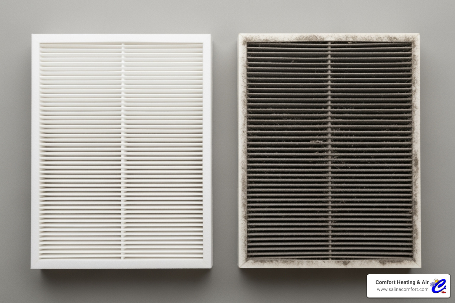 a clean HVAC air filter compared to a dirty one - allergen control salina ks
