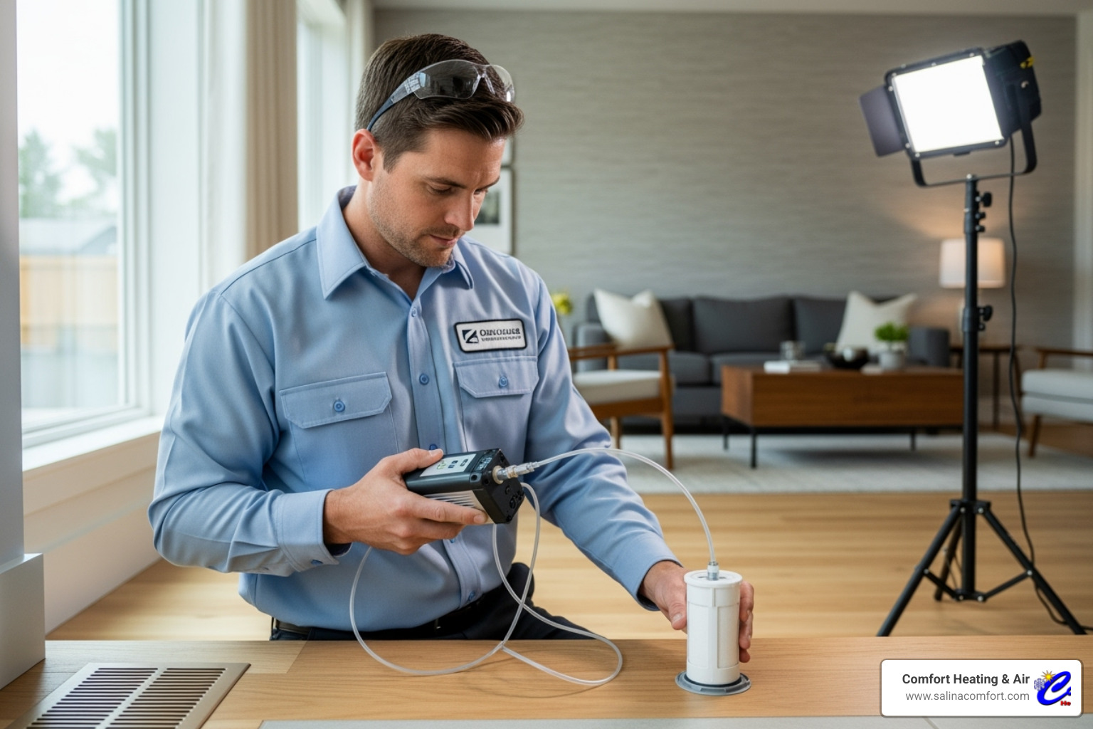 professional technician collecting an air sample - air quality testing salina ks