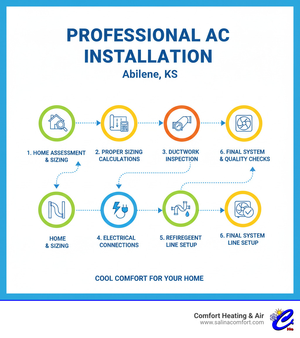 Infographic showing the key steps of professional AC installation including home assessment, proper sizing calculations, ductwork inspection, electrical connections, refrigerant line setup, and final system testing with quality checkpoints - air conditioning installation abilene ks infographic 