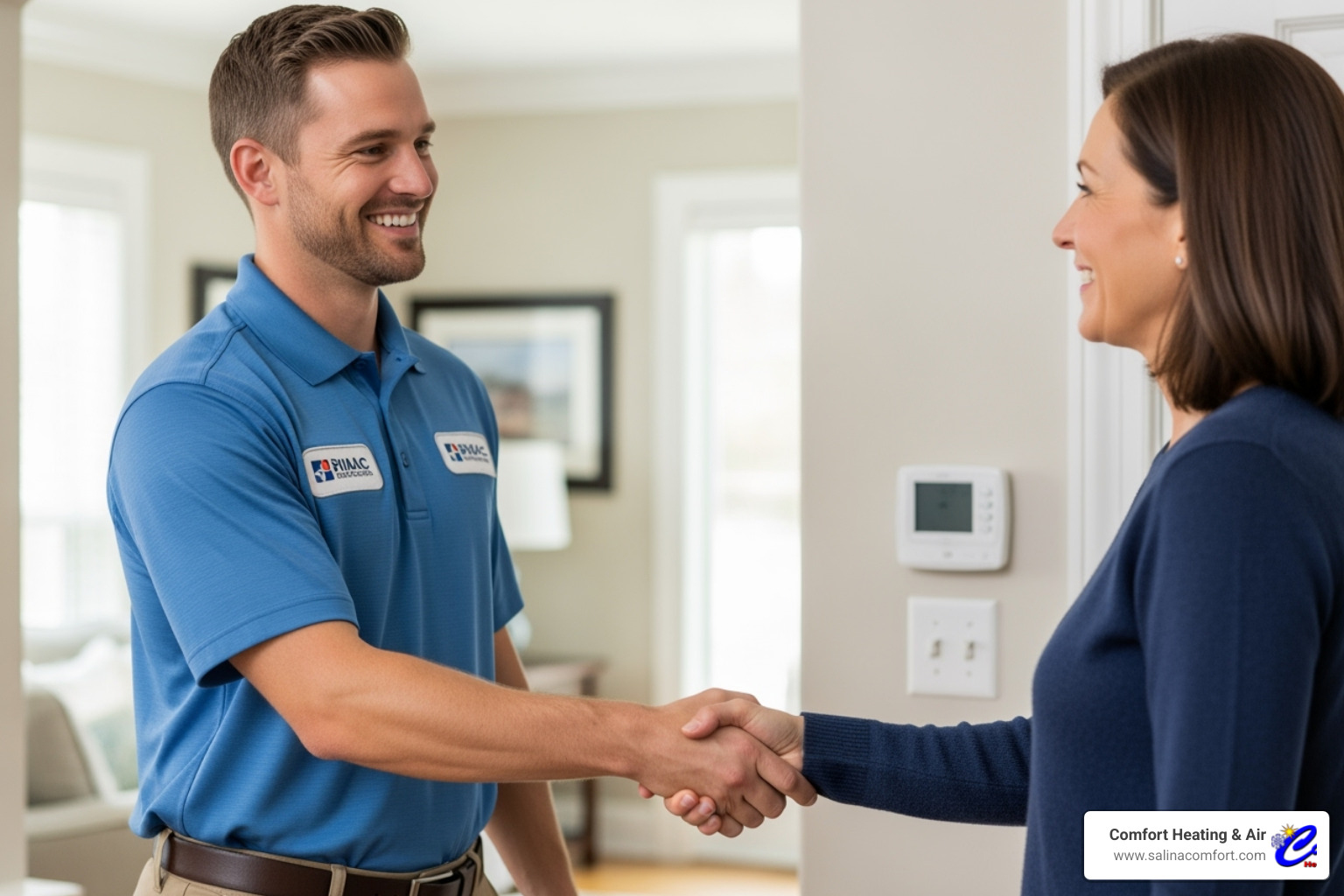 friendly technician shaking hands with a satisfied homeowner - air conditioning installation abilene ks
