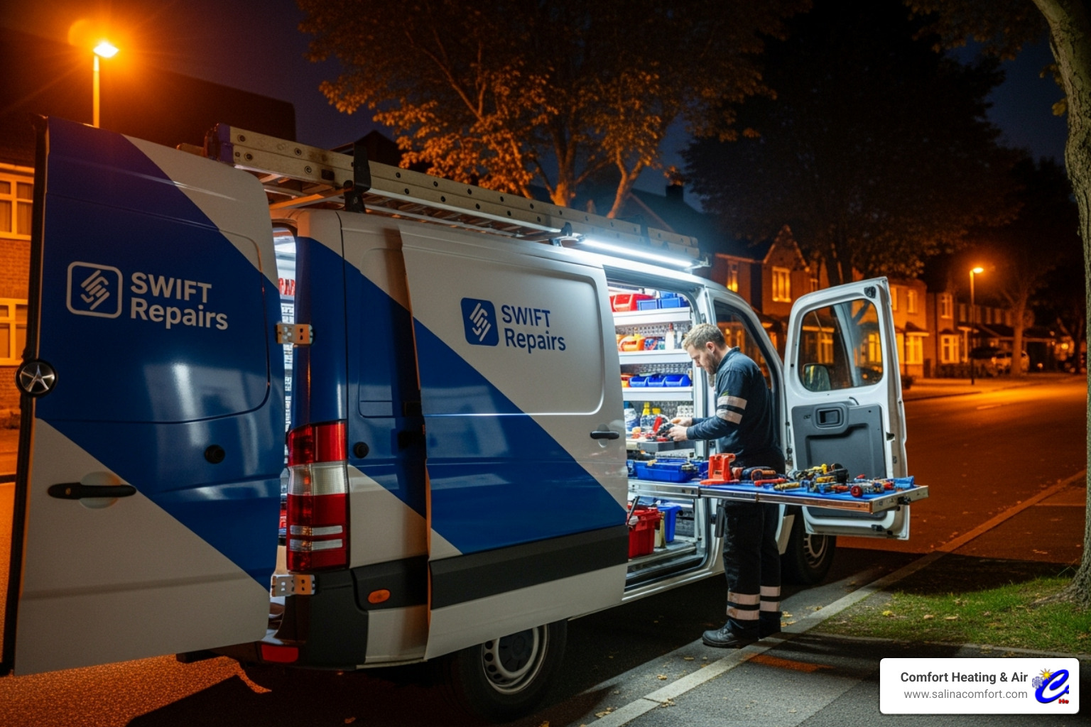Image of a service van with a technician at night - emergency hvac maintenance salina ks