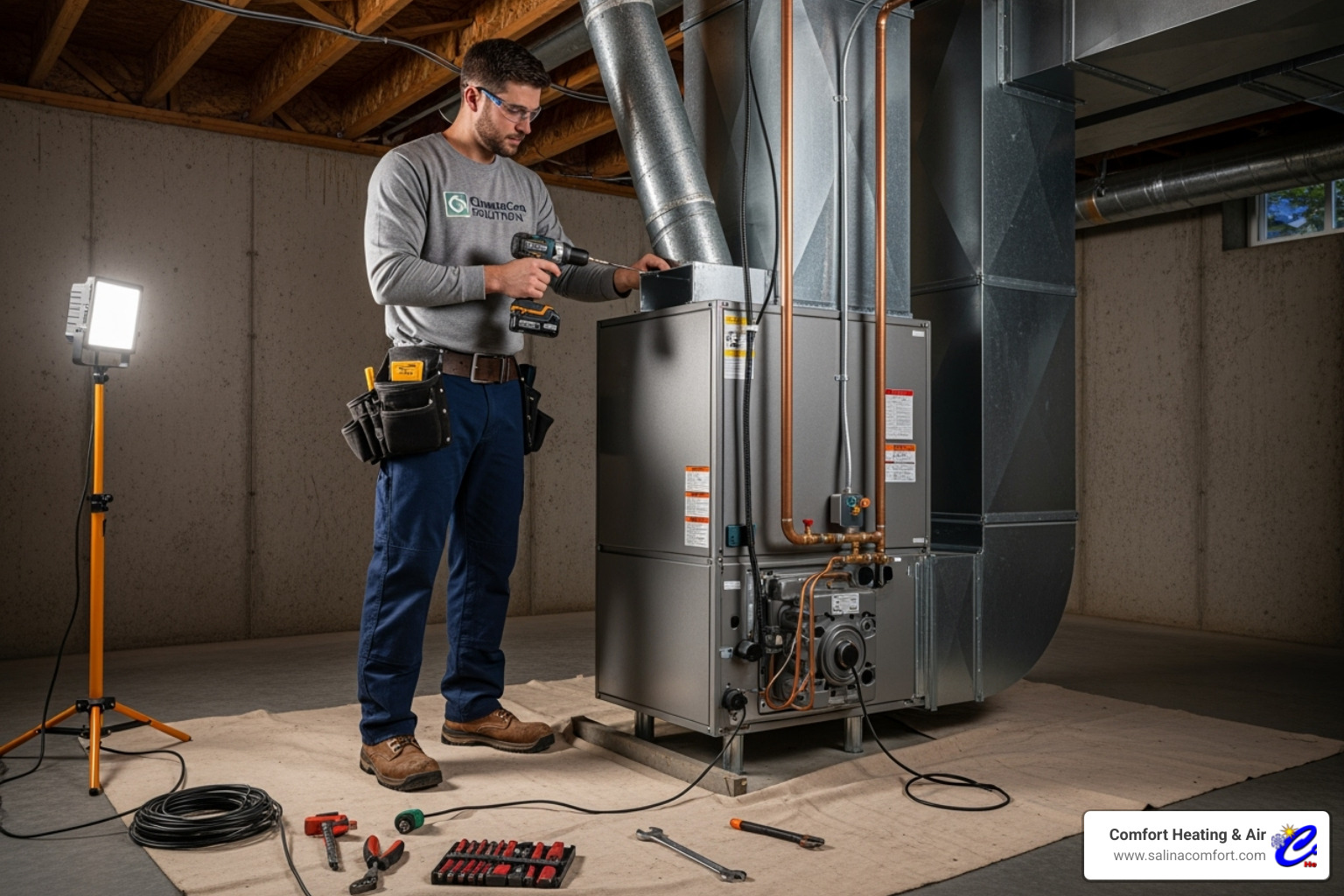 certified technician professionally installing an indoor air handler - air conditioning installation abilene ks