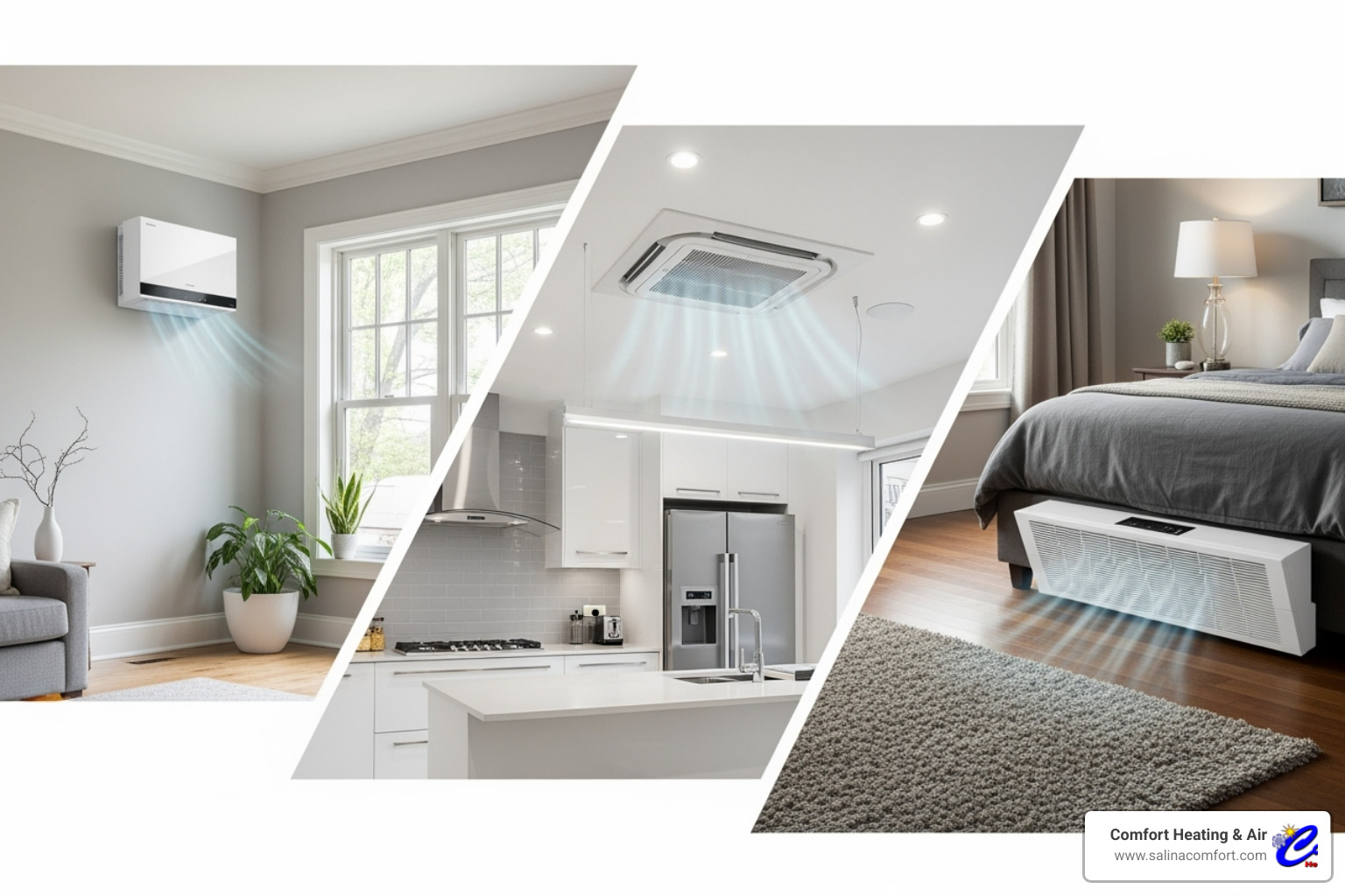 collage of different indoor unit types: wall-mounted, ceiling cassette, and floor-mounted - mini split installation abilene ks