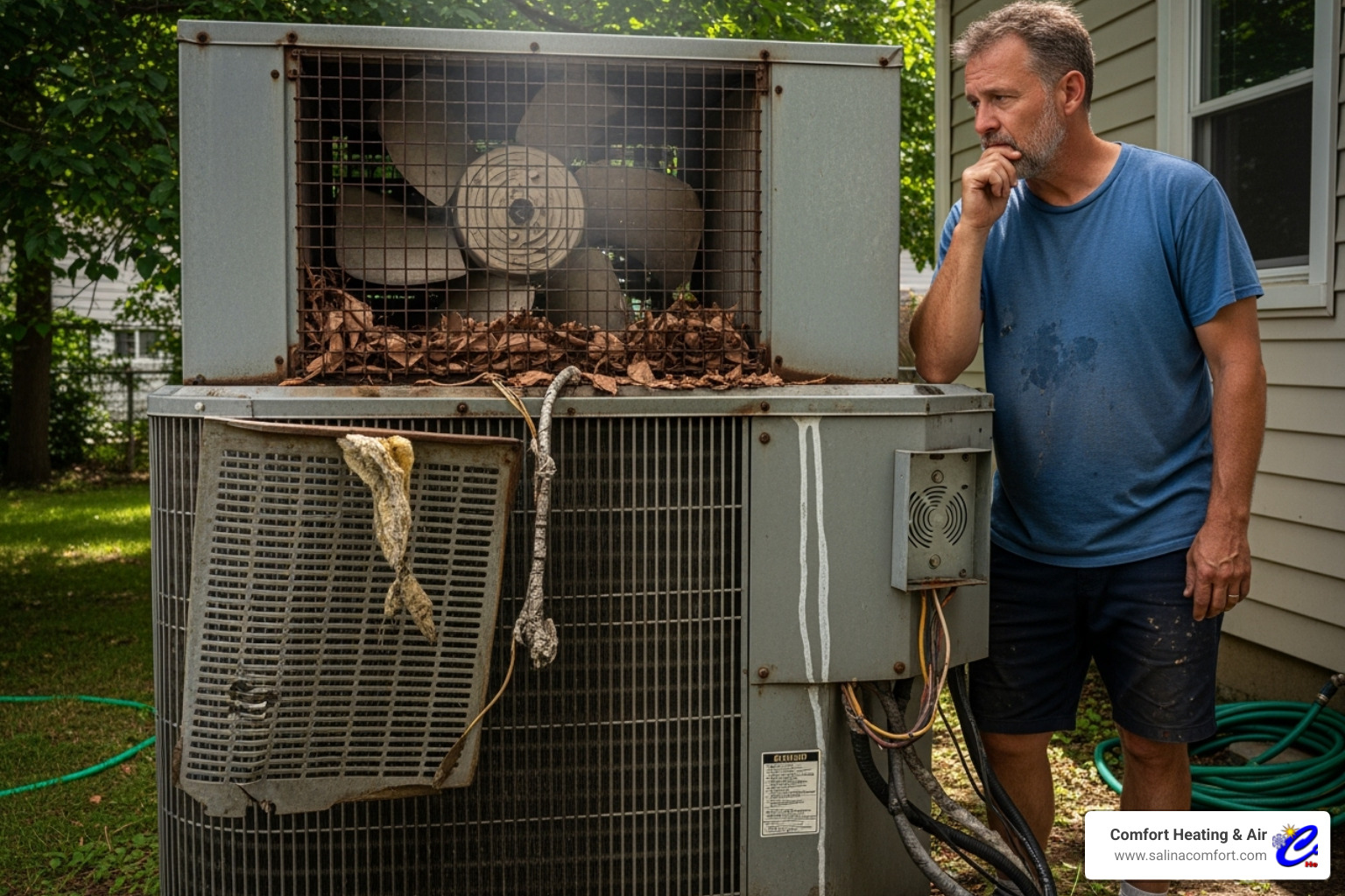 homeowner looking thoughtfully at an old, noisy air conditioner - air conditioning installation abilene ks