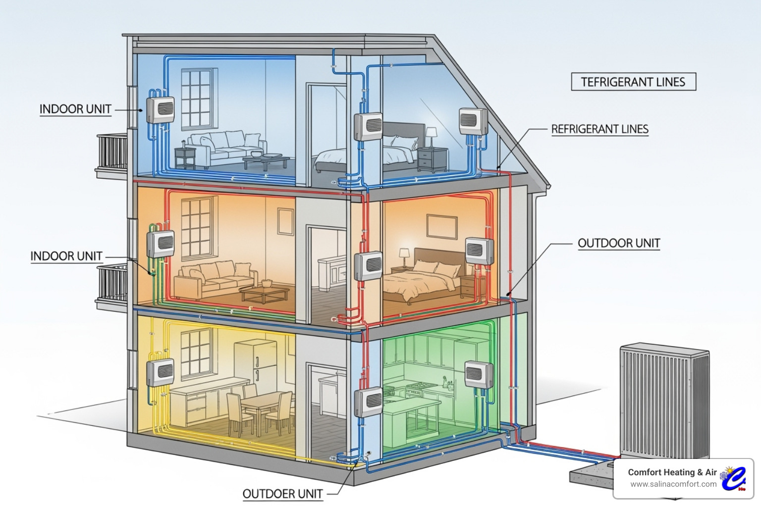 illustration of zoned comfort with multiple indoor units in different rooms connected to a single outdoor unit - mini split installation abilene ks