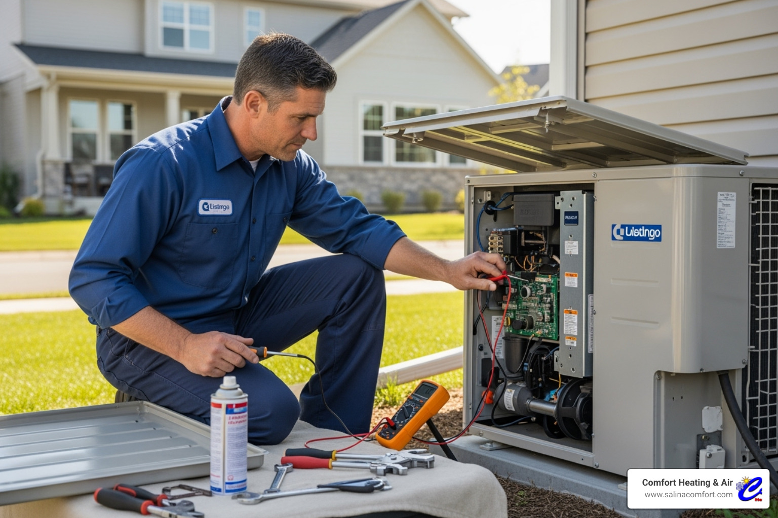 technician performing maintenance on a heat pump - heat pump installation salina ks