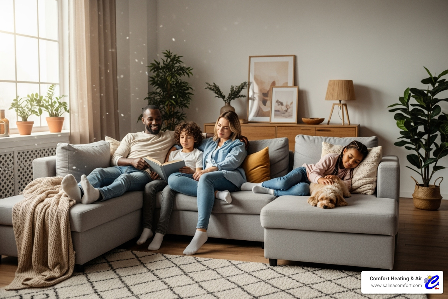 family enjoying comfortable living room - heat pump installation salina ks
