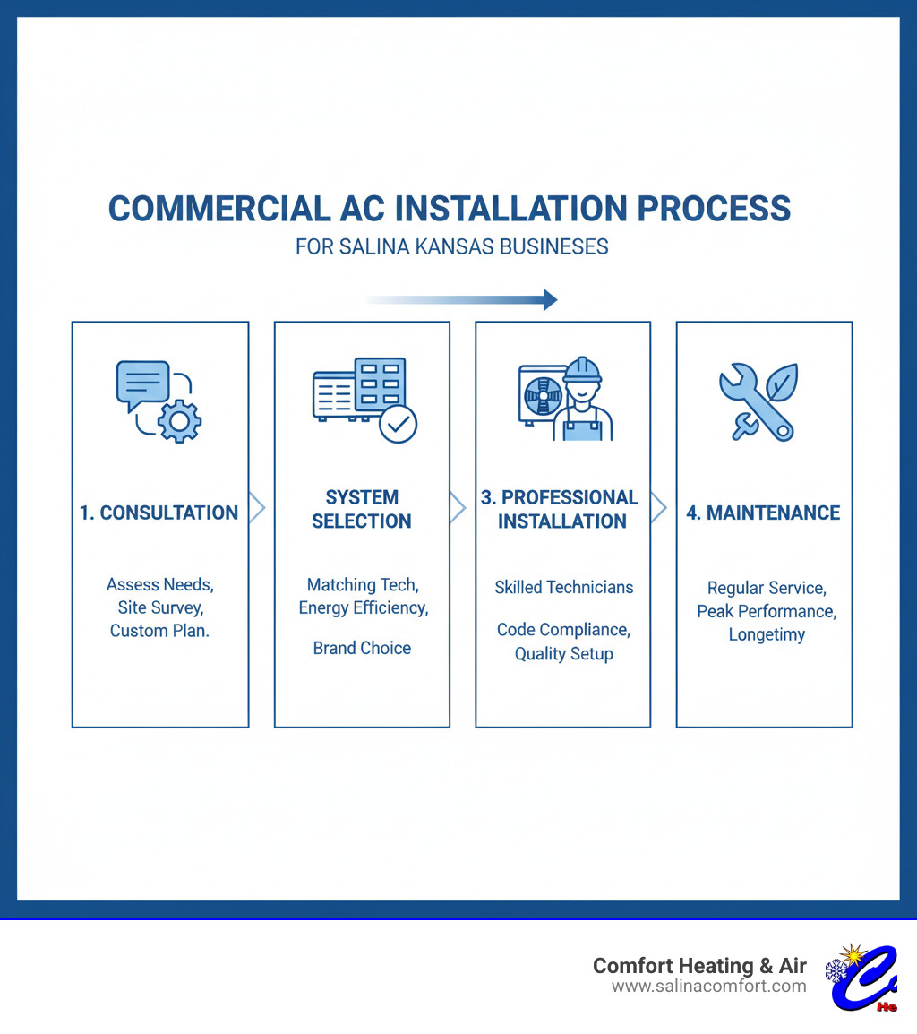 Commercial AC installation process showing consultation, system selection, professional installation, and maintenance for Salina Kansas businesses - commercial ac installation salina ks infographic 