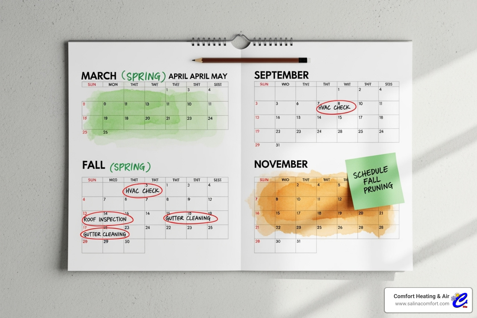 A calendar with spring and fall highlighted for HVAC maintenance appointments - commercial ac tune up salina ks