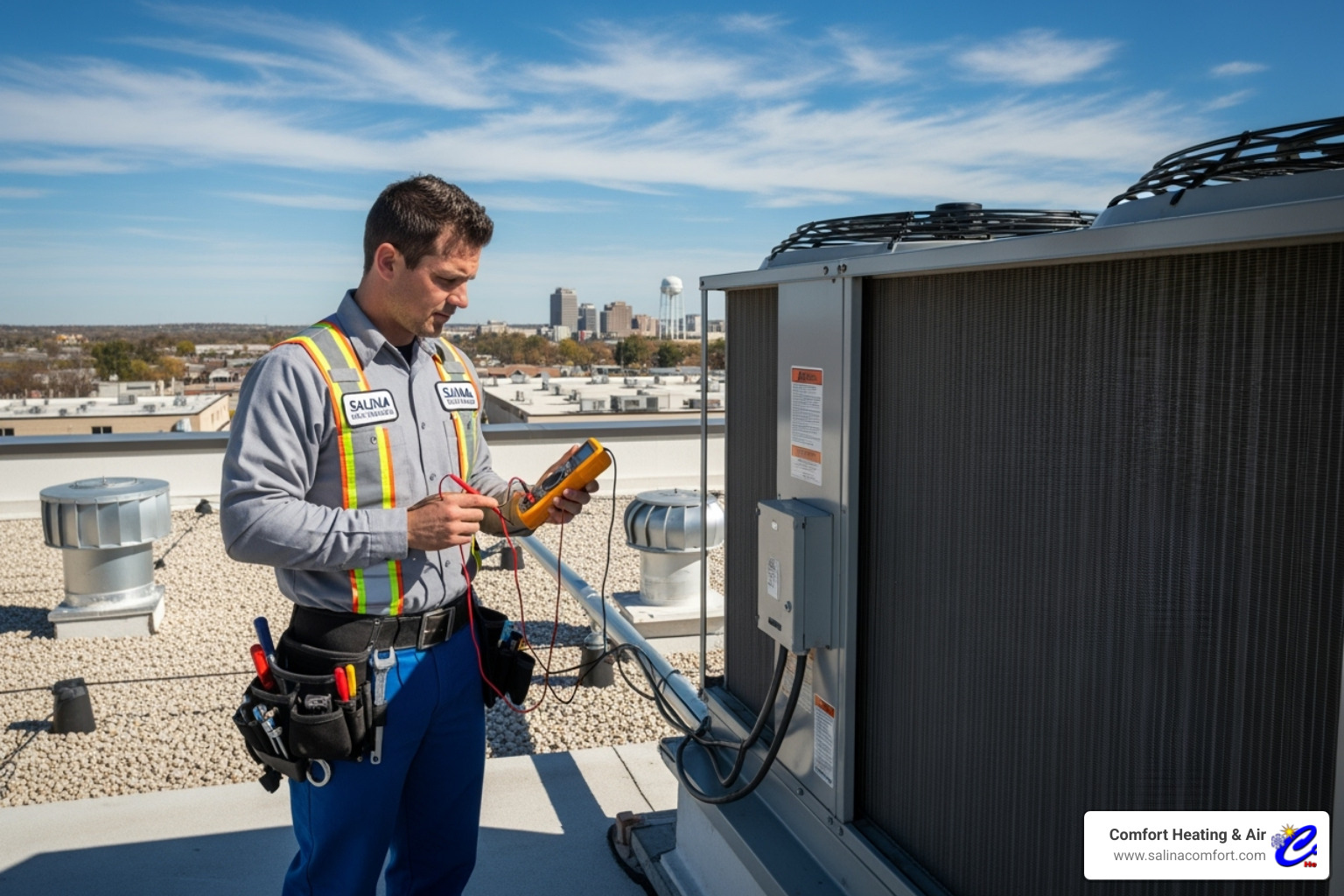 A professional HVAC technician checking a commercial rooftop AC unit with tools in Salina, KS - commercial ac tune up salina ks