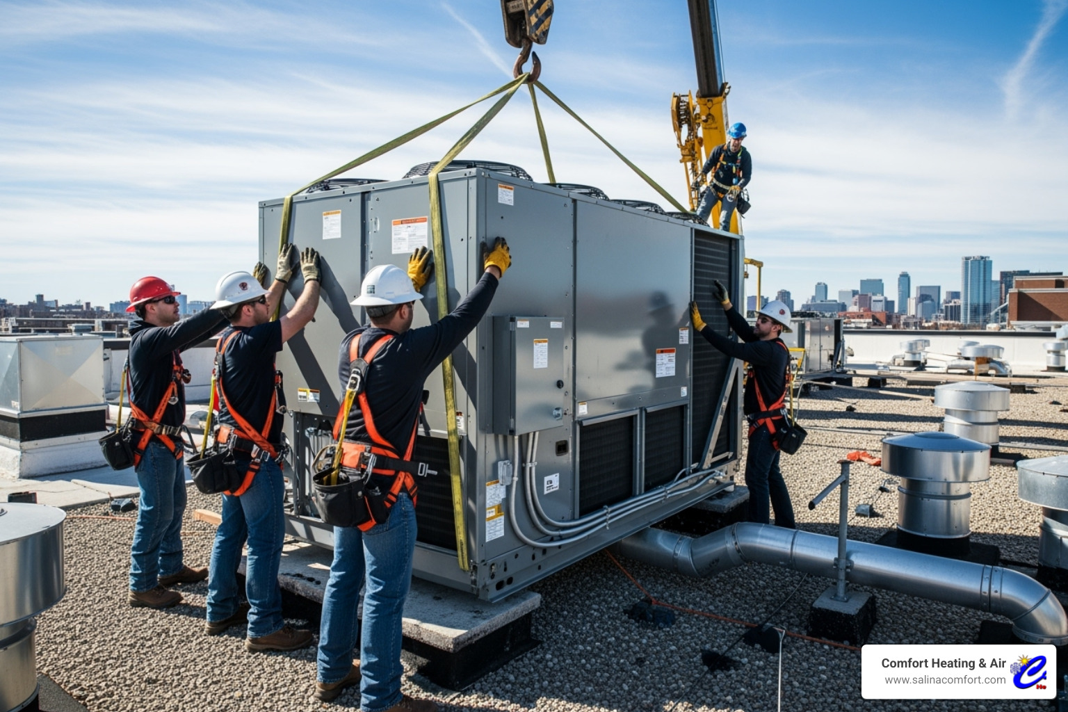 team of technicians safely installing a rooftop commercial AC unit - commercial ac installation salina ks