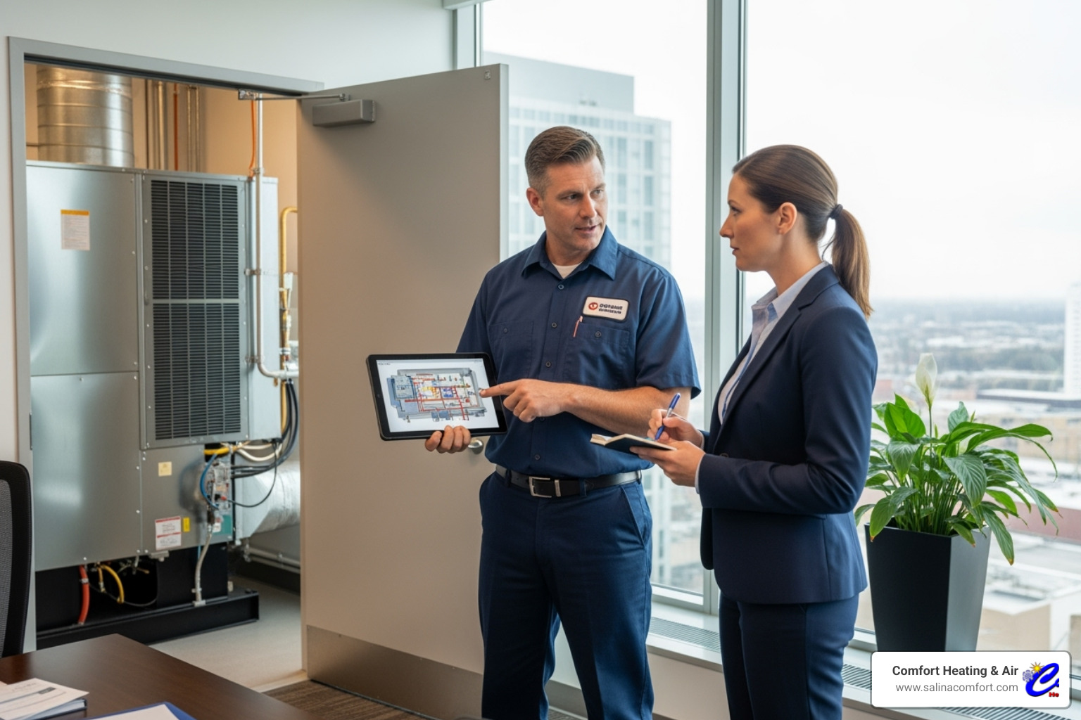 professional HVAC technician consulting with business owner - commercial ac installation salina ks