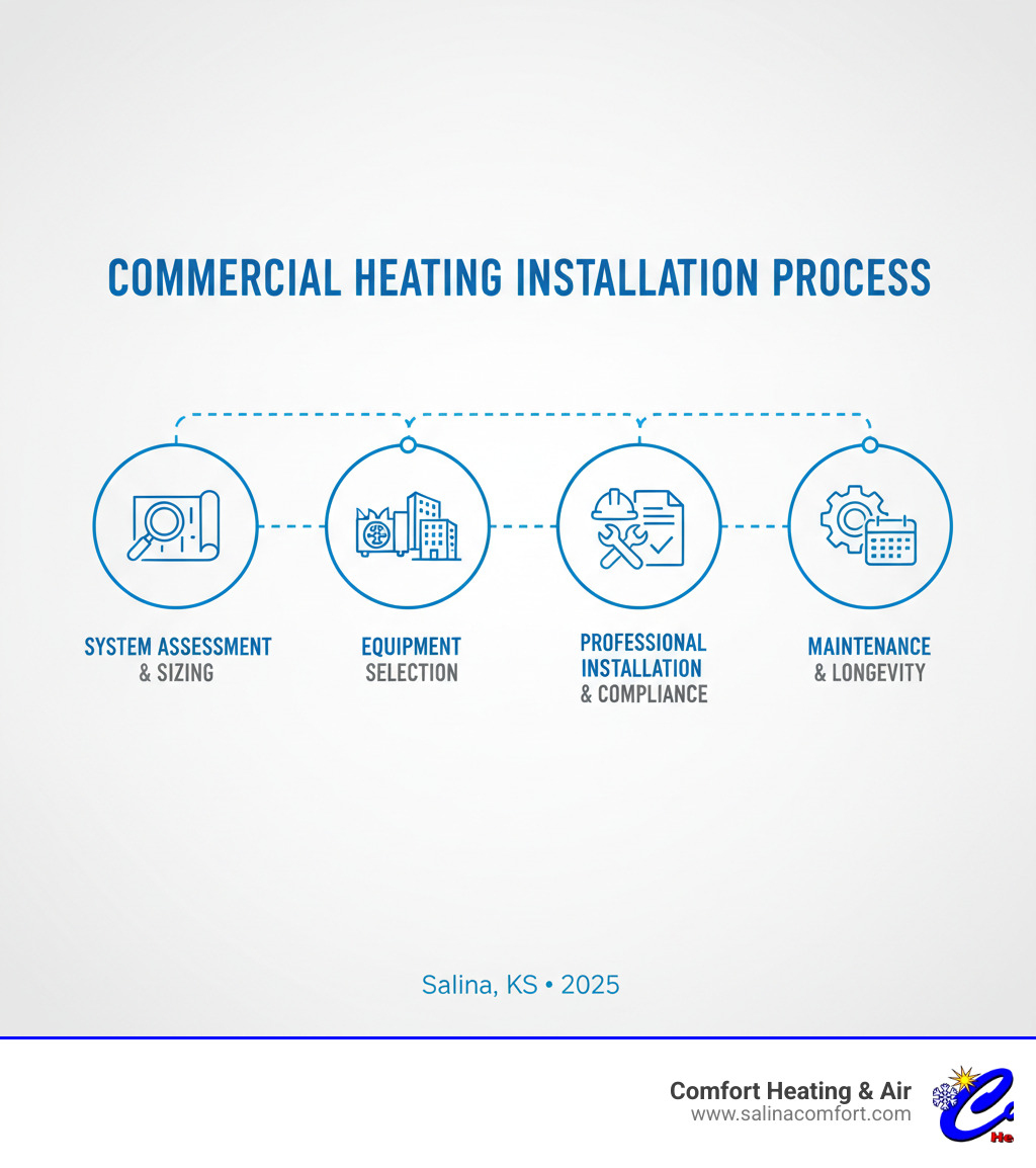 Infographic showing the key components of commercial heating installation process: system assessment and sizing, equipment selection based on building type and size, professional installation with proper permits and code compliance, and ongoing maintenance schedule for optimal performance and longevity - commercial heating installation salina ks infographic 