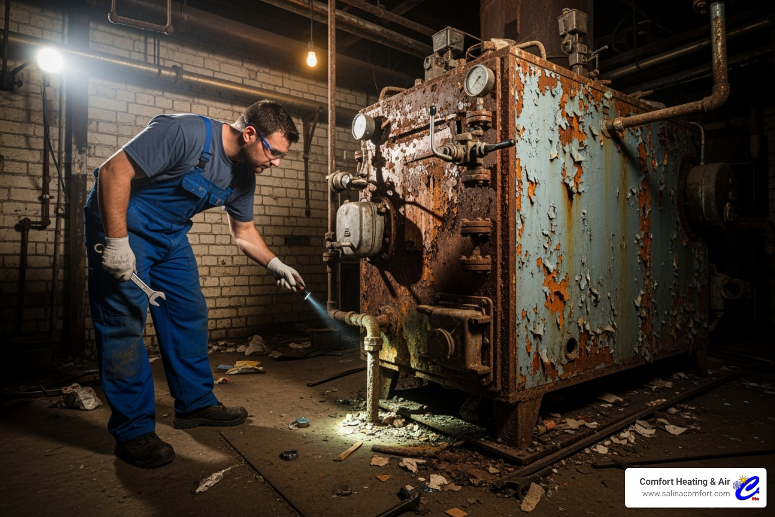 of a technician inspecting an old, rusty furnace - heater installation mcpherson ks