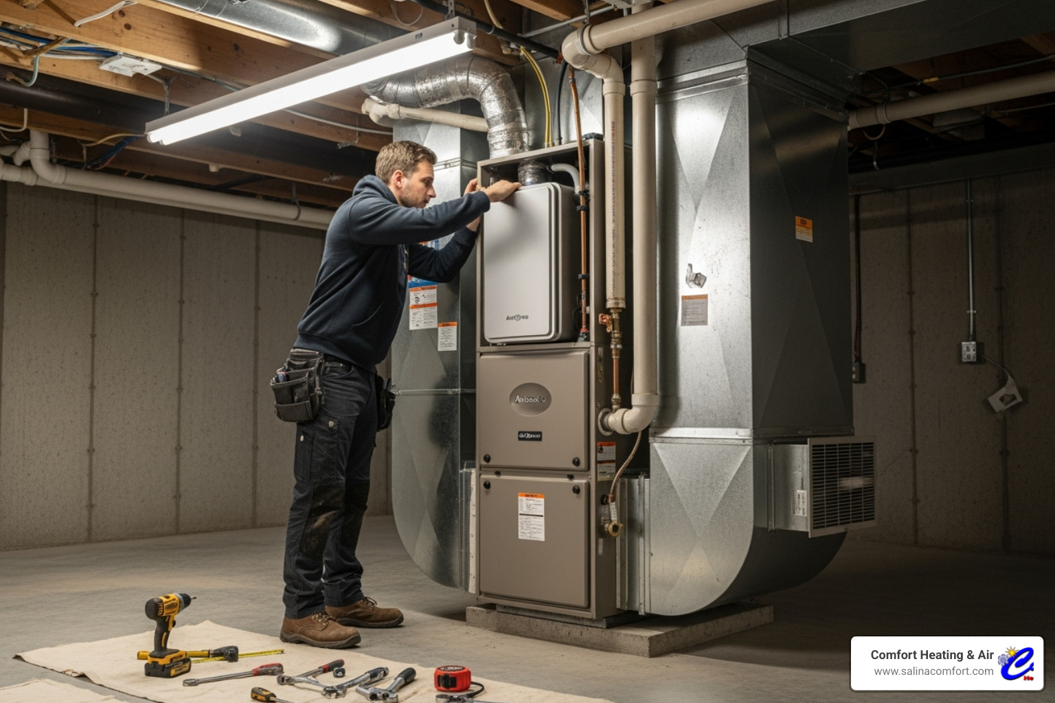 technician installing whole-home air purifier into an HVAC system - best indoor air quality company salina ks