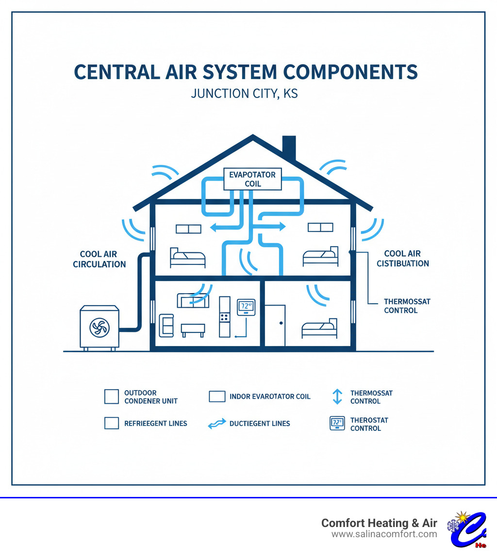 Infographic showing central air system components including outdoor condenser unit, indoor evaporator coil, refrigerant lines, ductwork distribution, and thermostat control with arrows indicating cool air circulation throughout a home - central air installation junction city ks infographic 
