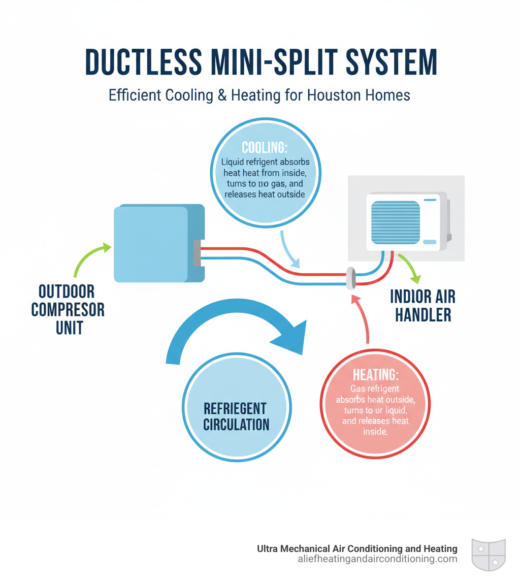 Infographic showing the basic components of a ductless mini-split system including outdoor compressor unit connected via refrigerant lines to wall-mounted indoor air handler, with callouts explaining how refrigerant circulates to provide cooling and heating - mini split installation near me houston infographic Infographic showing the basic components of a ductless mini-split system including outdoor compressor unit connected via refrigerant lines to wall-mounted indoor air handler, with callouts explaining how refrigerant circulates to provide cooling and heating - mini split installation near me houston infographic