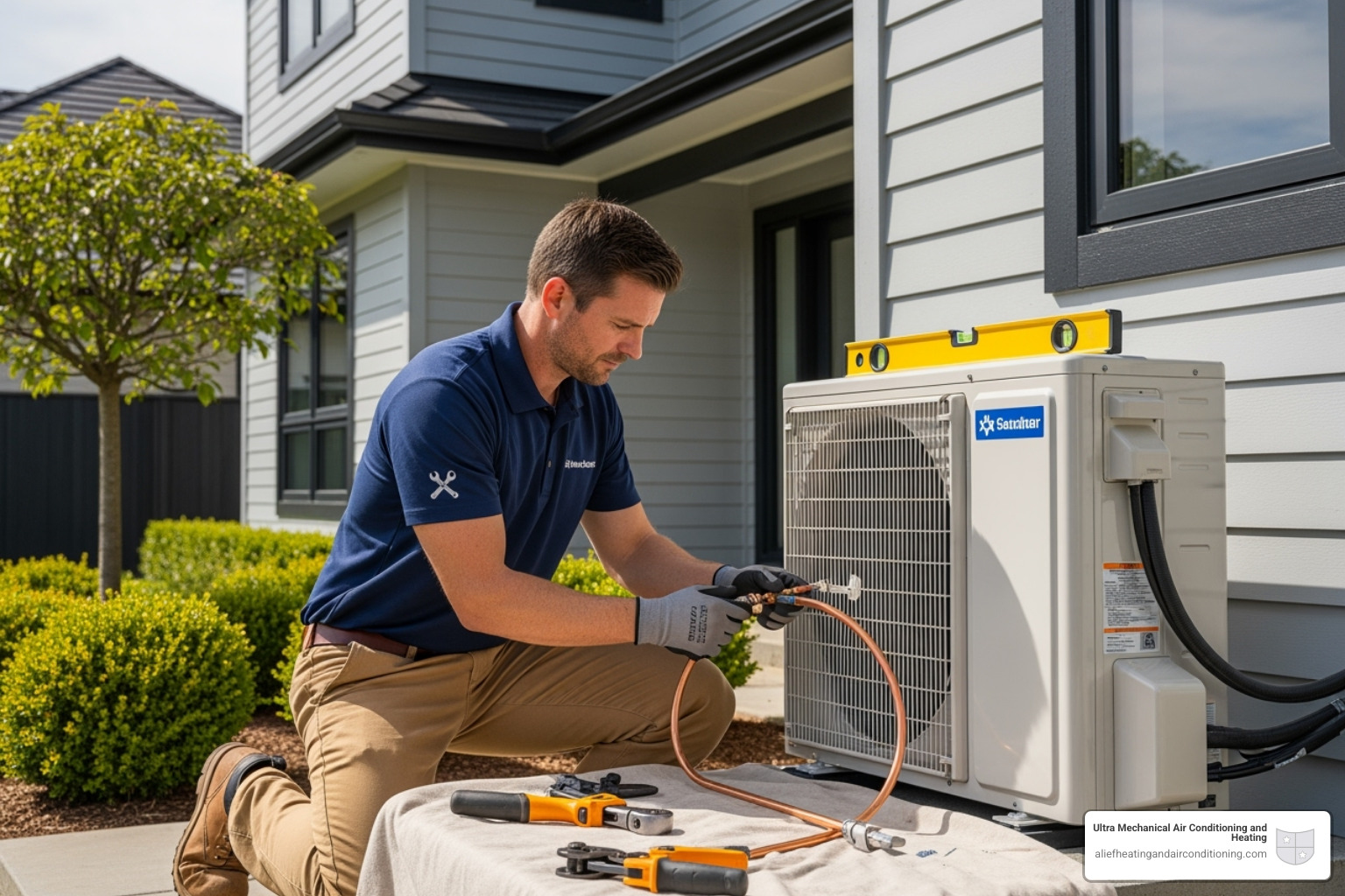 Professional HVAC technician carefully installing an outdoor mini-split unit, ensuring proper connections and leveling - mini split installation near me houston Professional HVAC technician carefully installing an outdoor mini-split unit, ensuring proper connections and leveling - mini split installation near me houston