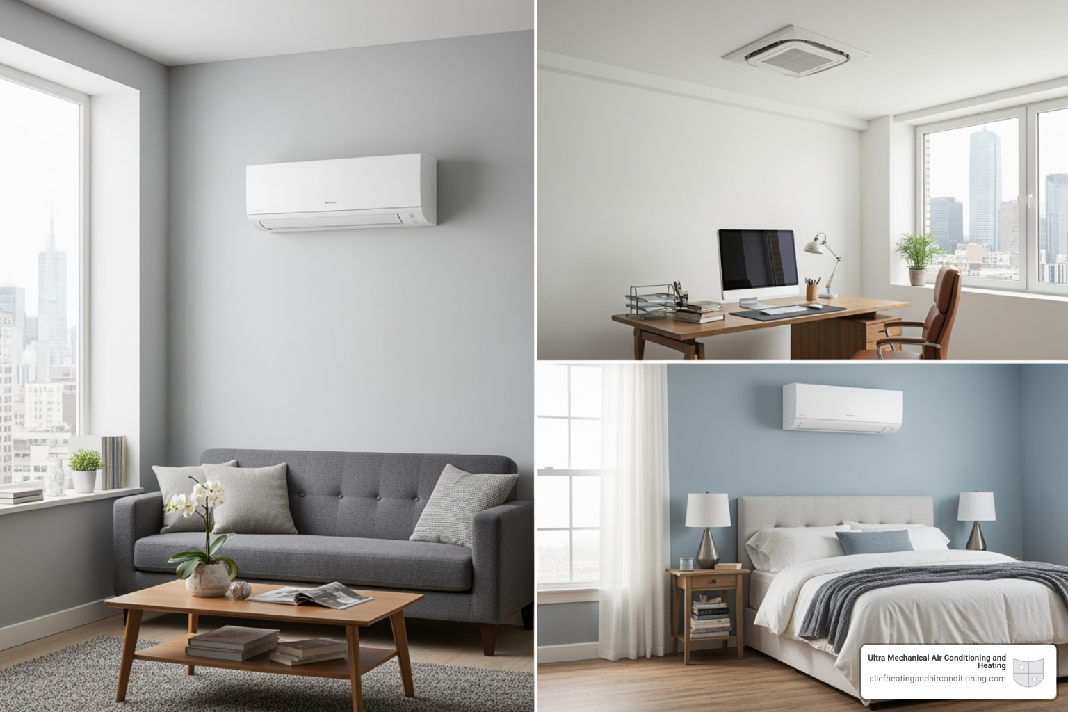 Image showing different types of indoor mini-split units including wall-mounted, ceiling cassette, and floor-mounted options in various room settings - mini split installation near me houston Image showing different types of indoor mini-split units including wall-mounted, ceiling cassette, and floor-mounted options in various room settings - mini split installation near me houston