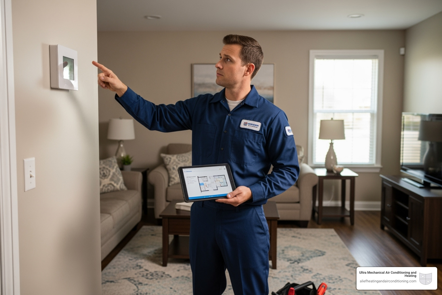Professional HVAC technician assessing a room for optimal mini-split unit placement, pointing to a wall with a tablet in hand - mini split installation near me houston Professional HVAC technician assessing a room for optimal mini-split unit placement, pointing to a wall with a tablet in hand - mini split installation near me houston