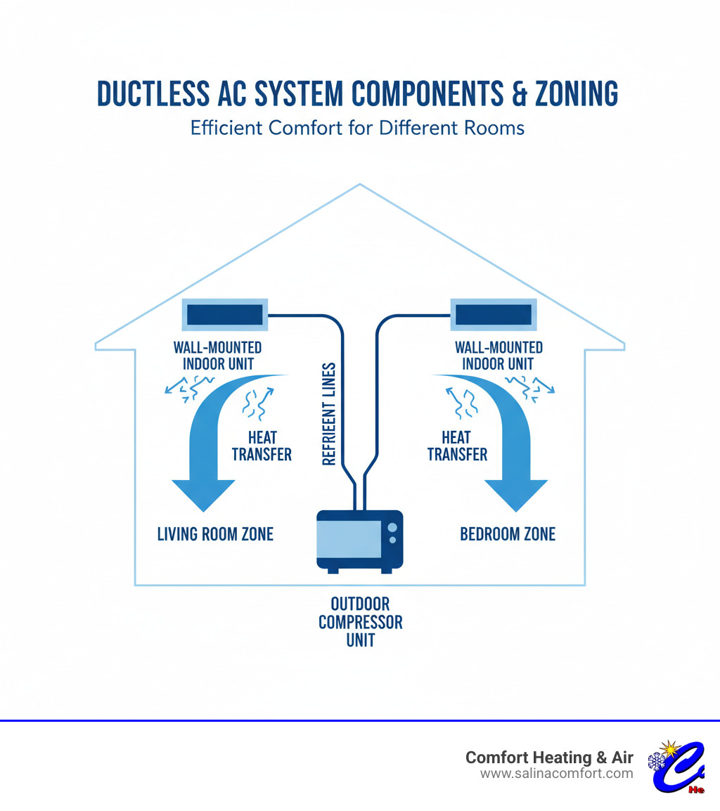 Infographic showing ductless AC system components: outdoor compressor unit connected via refrigerant lines to wall-mounted indoor units, with arrows indicating heat transfer and zoning capabilities for different rooms - ductless ac installation salina ks infographic 