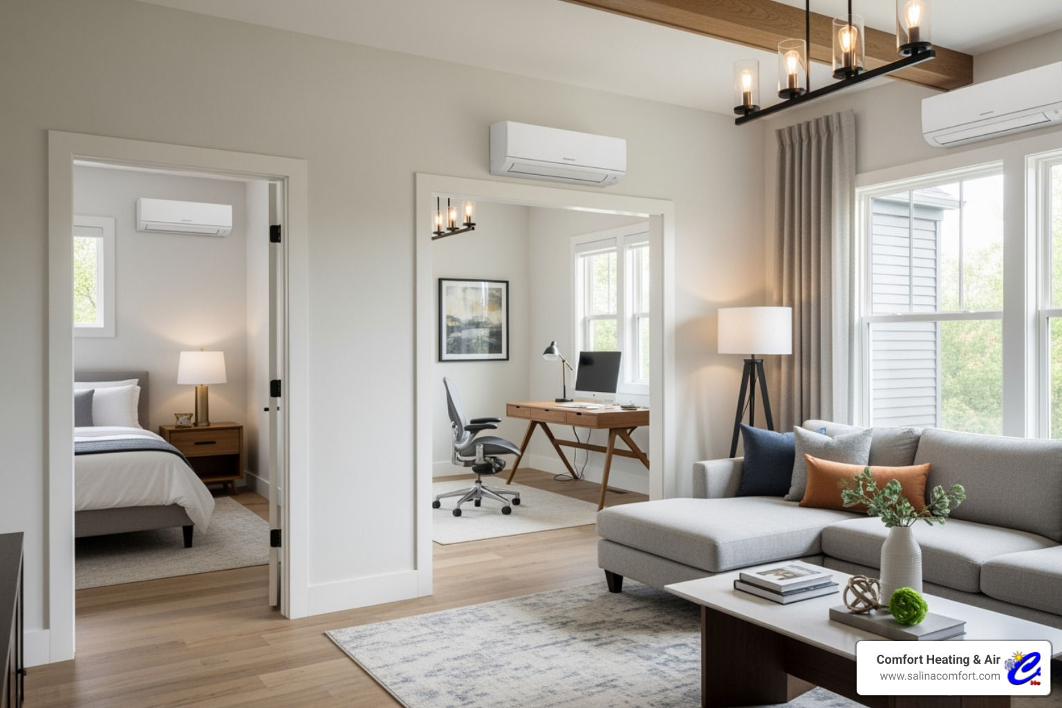 A home interior showcasing multiple wall-mounted indoor ductless AC units in different rooms, emphasizing zone control and personalized comfort - ductless ac installation salina ks