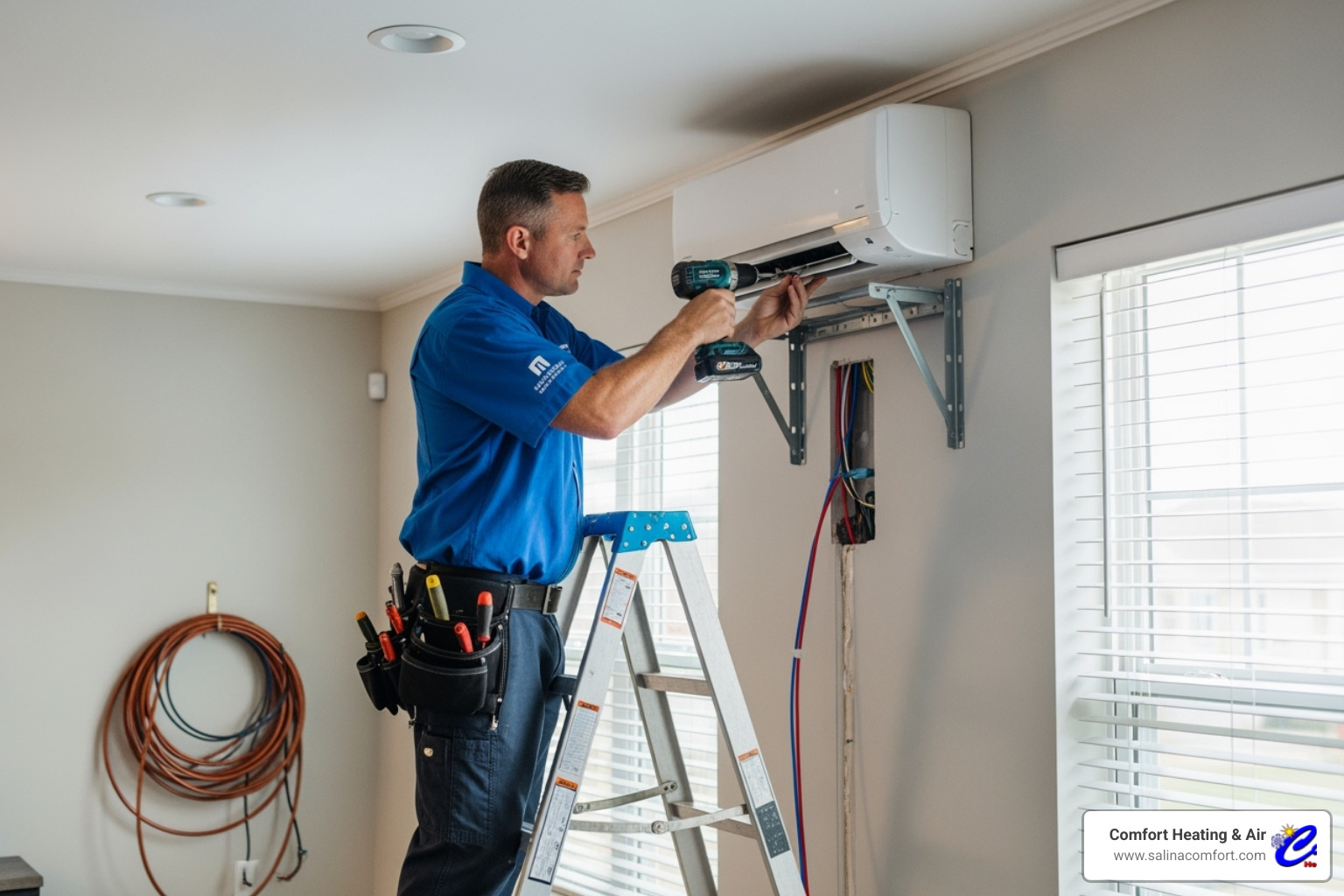 A professional HVAC technician carefully installing an indoor wall-mounted ductless AC unit in a residential setting - ductless ac installation salina ks