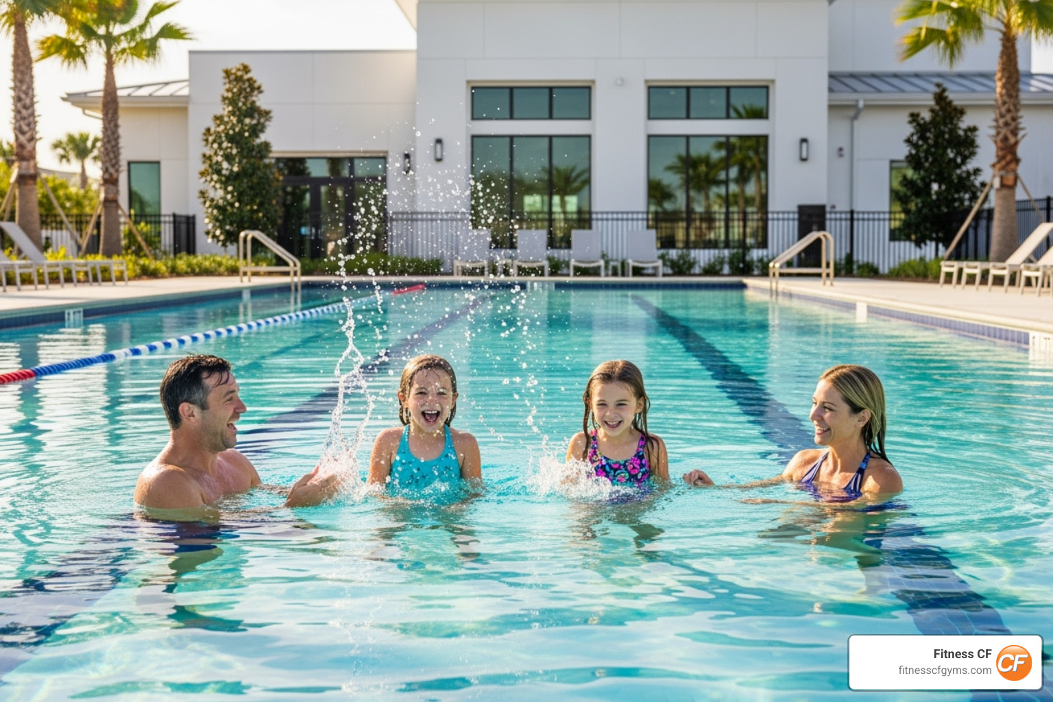family by a large, clean swimming pool at a community center. - community club gym family by a large, clean swimming pool at a community center. - community club gym