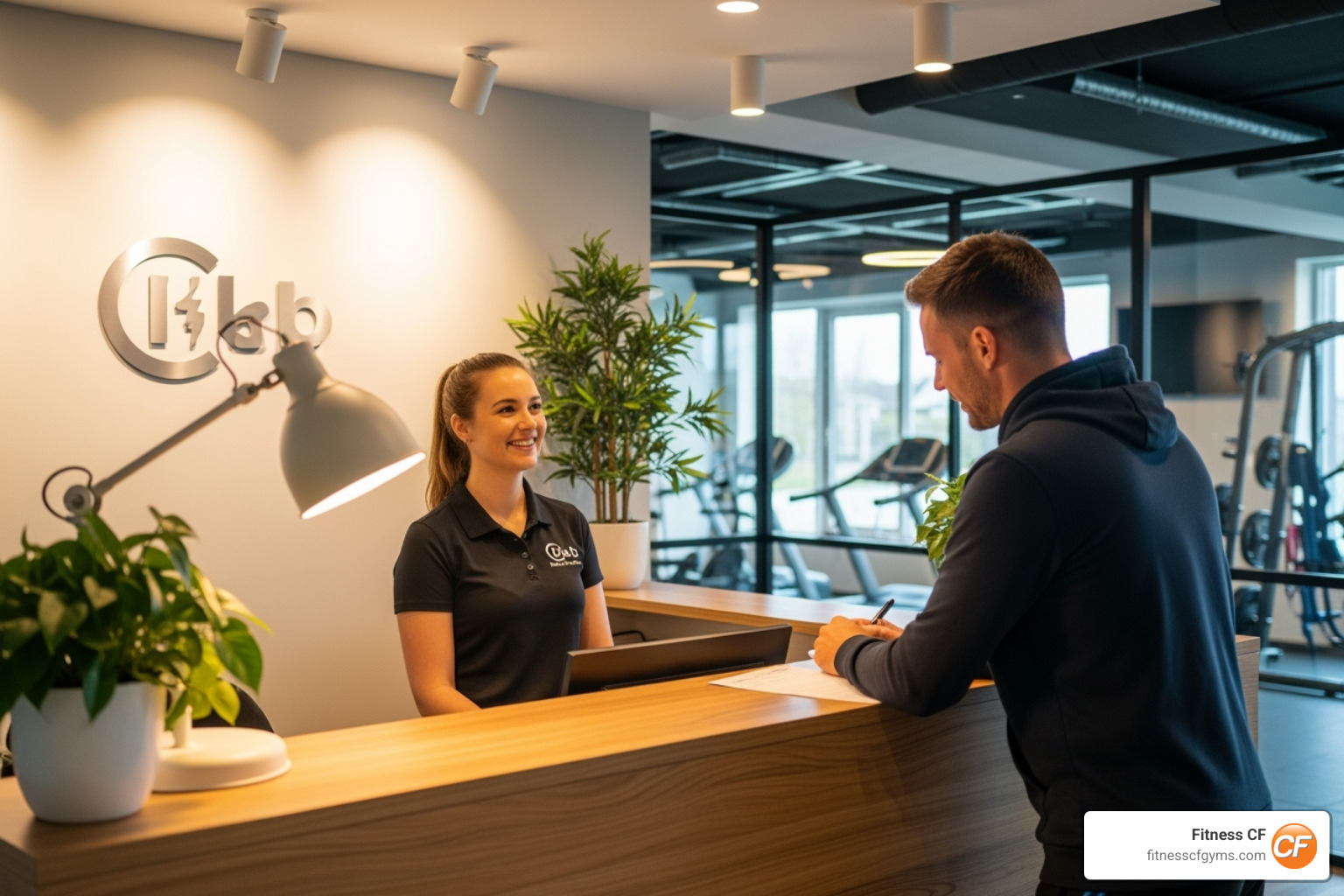 friendly staff member at a front desk welcoming a new member. - community club gym friendly staff member at a front desk welcoming a new member. - community club gym