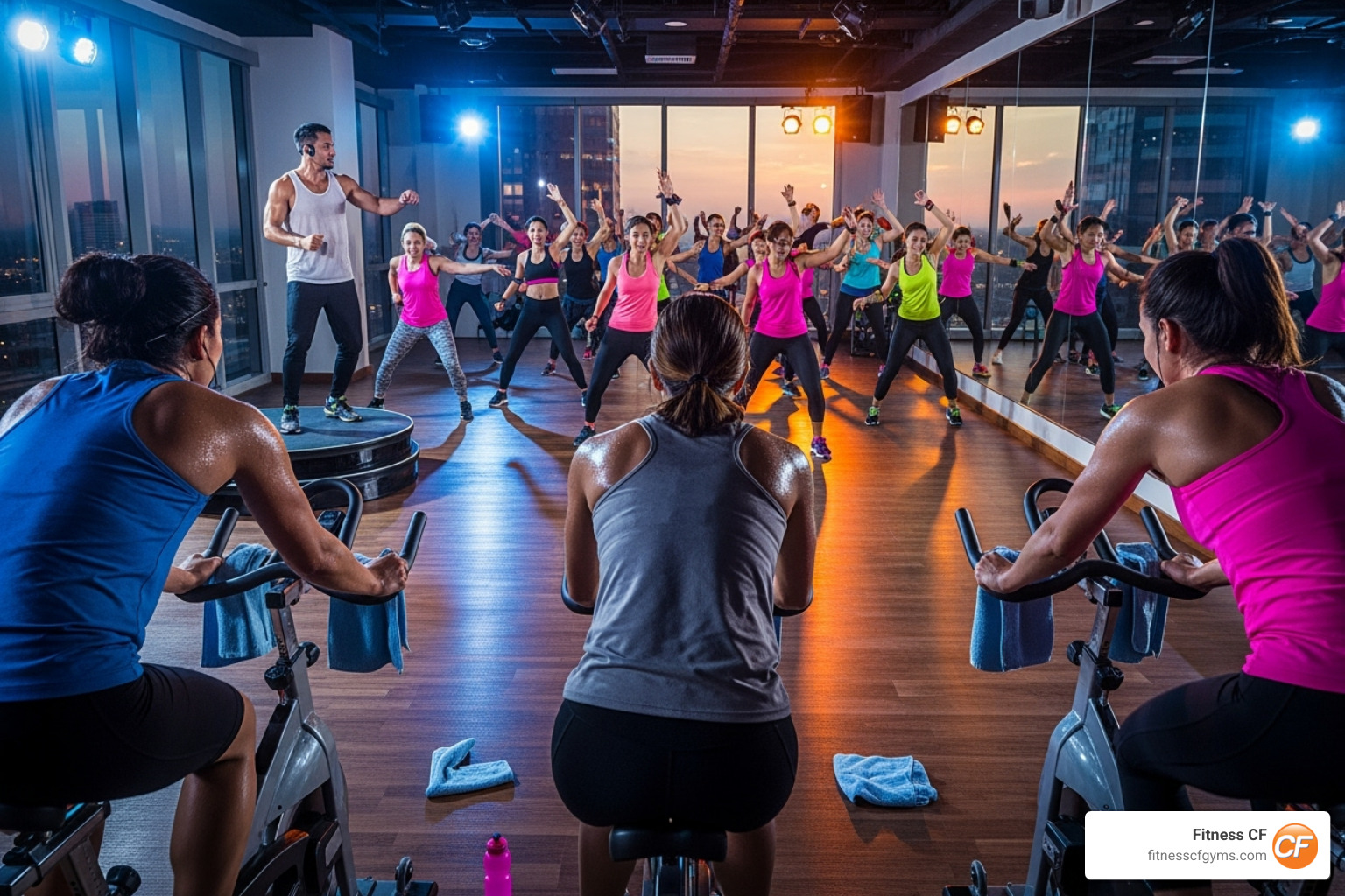 vibrant group fitness class like spin or Zumba. - community club gym vibrant group fitness class like spin or Zumba. - community club gym