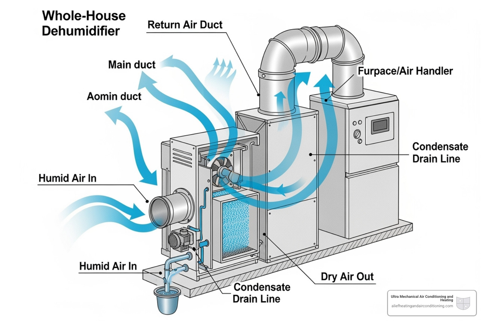 diagram showing a whole-house dehumidifier connected to an HVAC system's ductwork. - whole house dehumidifier houston
