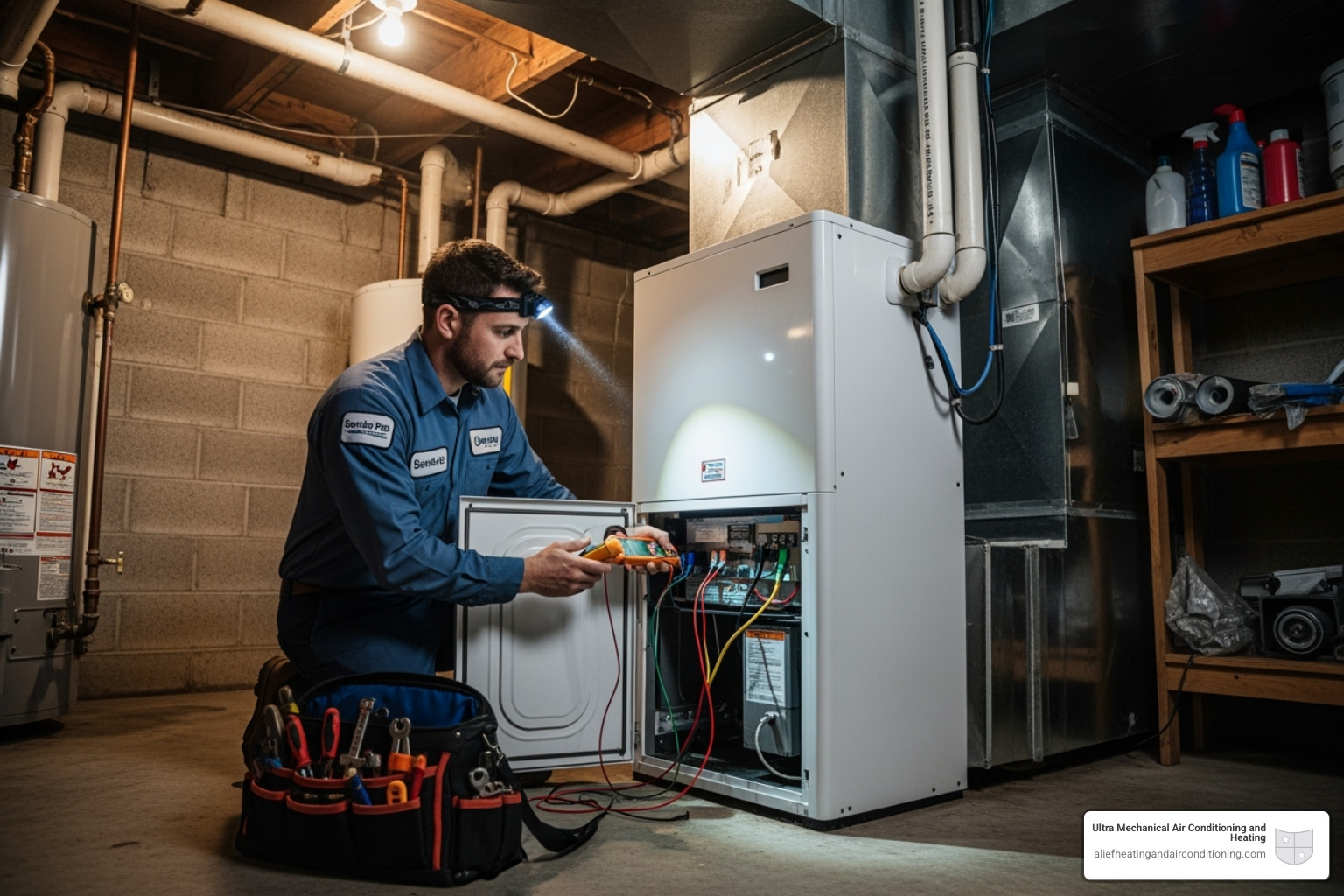 HVAC technician performing maintenance on a whole-house dehumidifier unit - whole house dehumidifier houston
