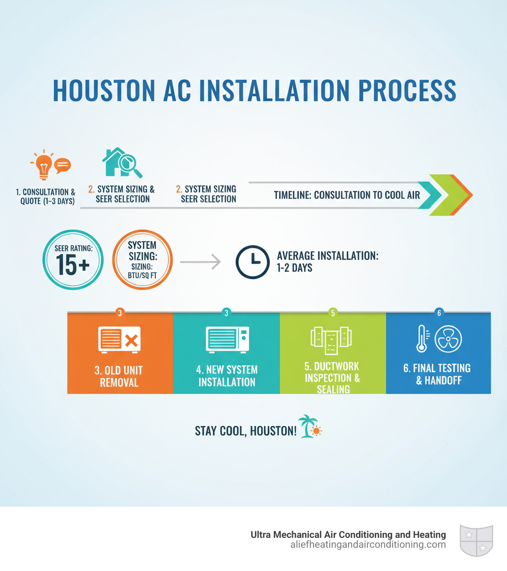 Infographic showing the new AC installation process in Houston, including timeline from consultation to completion, key factors like SEER ratings and system sizing, average installation timeframe of 1-2 days, and essential steps like old unit removal, new system installation, ductwork inspection, and final testing - new ac installation houston infographic 
