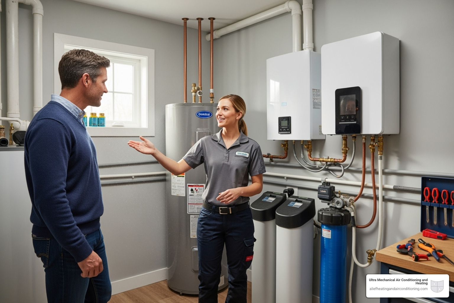 A homeowner discussing various water heater options with a friendly technician in a clean utility room - heater replacement houston