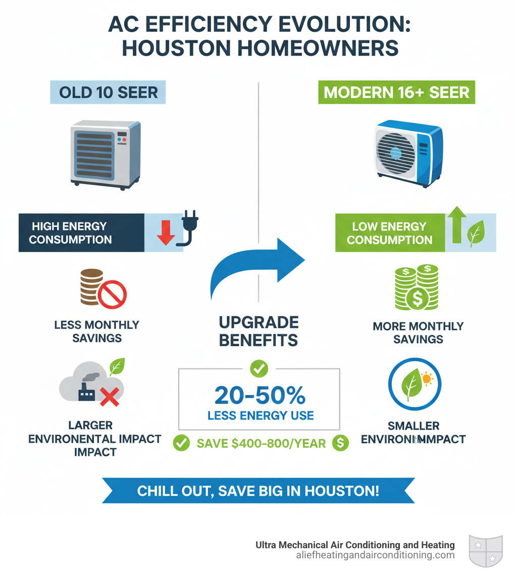 Infographic showing the evolution of AC efficiency from older 10 SEER systems to modern 16+ SEER high-efficiency units, with visual comparison of energy consumption, monthly savings, and environmental impact for Houston homeowners - install high efficiency ac houston infographic 