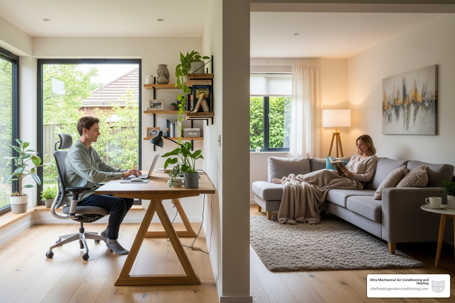 Family enjoying different temperatures in different rooms, one person cool in an office, another comfortable in the living room - install ductless system houston