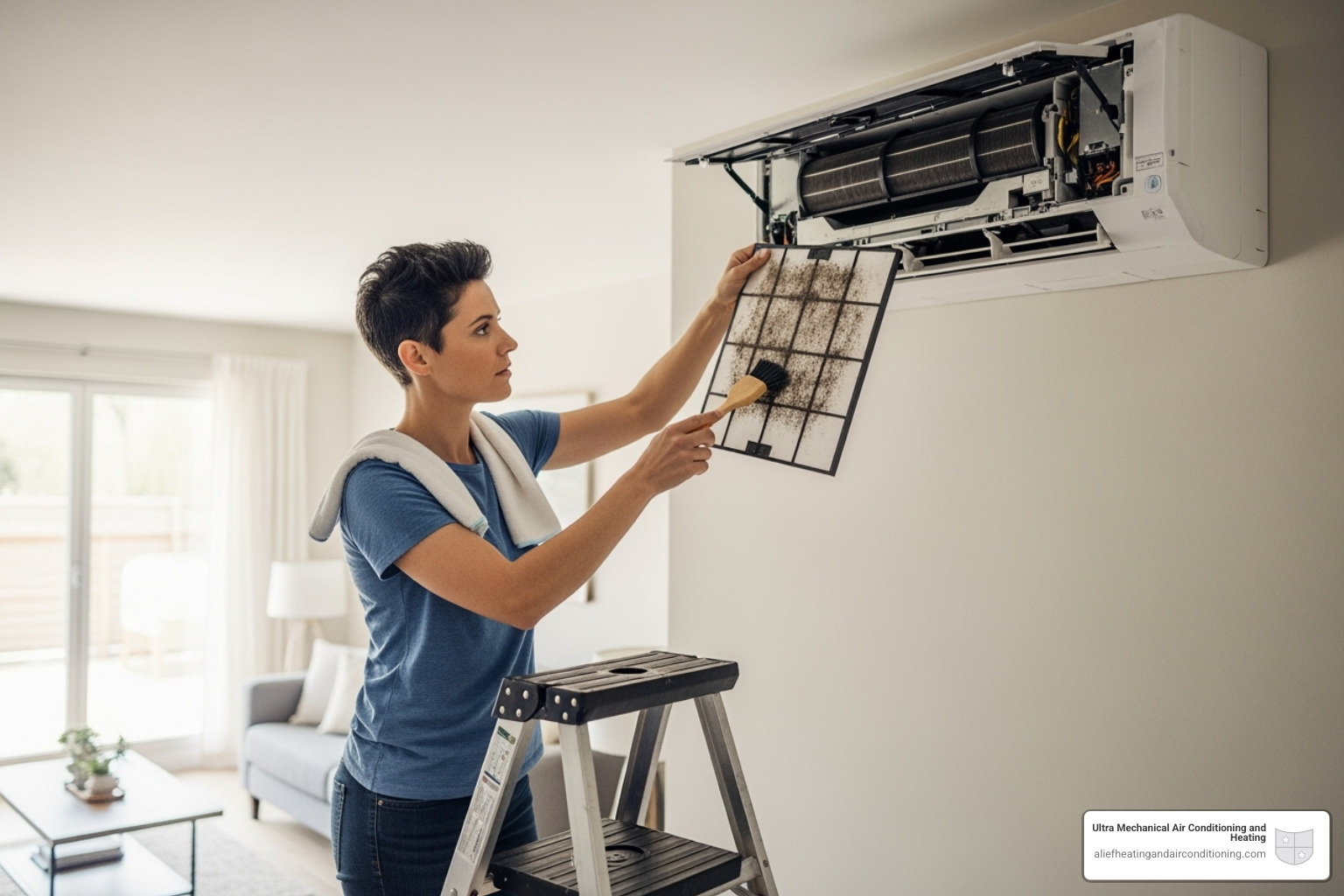 Homeowner easily cleaning the filter of a ductless indoor unit - install ductless system houston