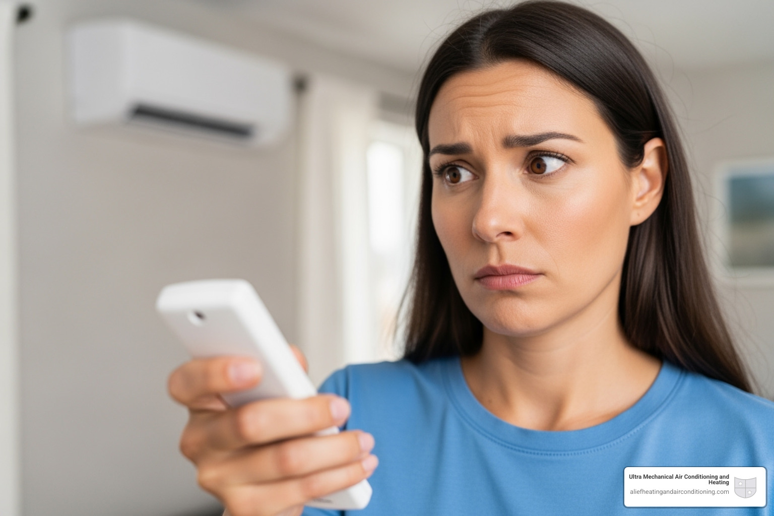 homeowner looking quizzically at their mini-split unit's remote control - split heater service houston homeowner looking quizzically at their mini-split unit's remote control - split heater service houston